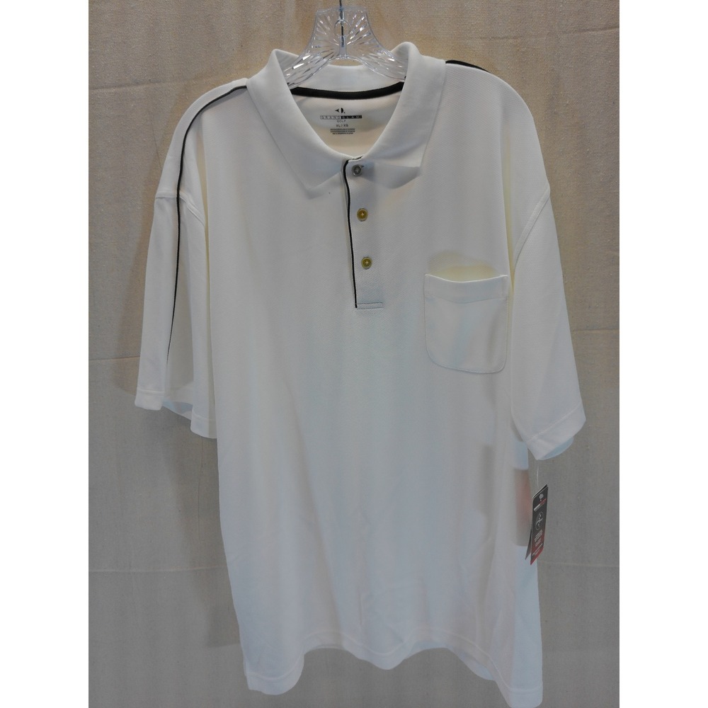 Grand Slam Golf Mens XL White Performance Polo Shirt Pocket Racing Stripe NEW